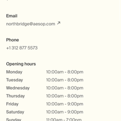 Aesop's website clearly showing this location is scheduled to close at 9:00 PM on Saturday nights.