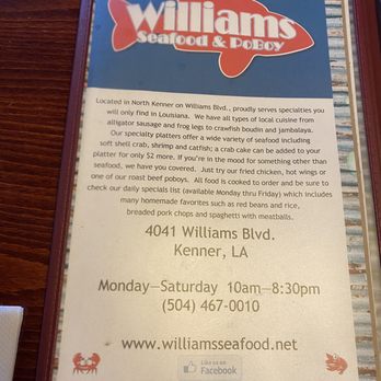 Williams Seafood and PoBoy - Menu - Seafood Near Me - Kenner, Louisiana