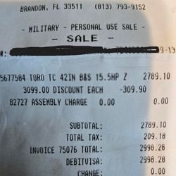 Santana's Mowers - mower receipt