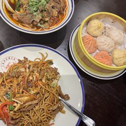 iNoodle - Spicy Beef Noodle Soup (Top Left), Soup Dumpling Sampler (Right), Spicy Beef Noodles w/ Beef and Shredded Peppers (Bottom Left)