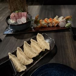 MAKS Asian Kitchen & Sushi - Steamed gyoza, yellowtail sashimi, soft shell crab with asparagus roll