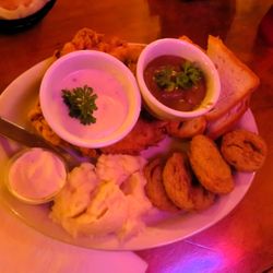 Chicken fried chicken and fried green tomatos and mashed taters