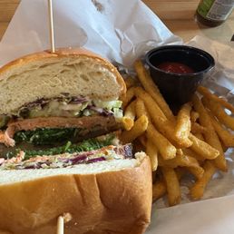 Salmon burger with fries Salmon burger with fries