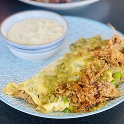Aunt Katie's Welcome to Breakfast - Pulled pork omelet sans the BBQ sauce. Gouda Grits on the side.