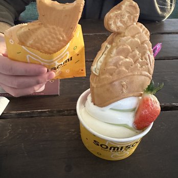 Somisomi - milk & matcha soft serve with a strawberry (right), custard taiyaki (left) - Ice Cream & Frozen Yogurt Near Me - San Francisco, California Somisomi - milk & matcha soft serve with a strawberry (right), custard taiyaki (left) - Ice Cream & Frozen Yogurt Near Me - San Francisco, California