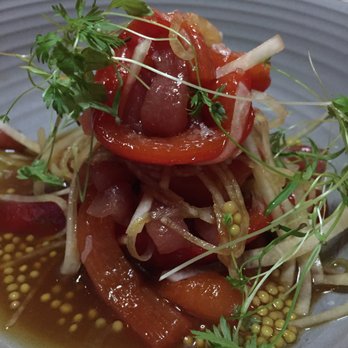 Aba - Tuna "tagliata" with pickled red peppers and mustard seed. - Mediterranean Near Me - Chicago, Illinois