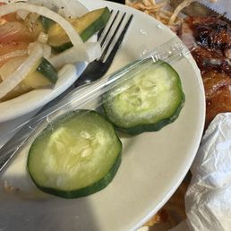Cucumbers previously frozen served on top of salad. Blatantly noticeable Cucumbers previously frozen served on top of salad. Blatantly noticeable