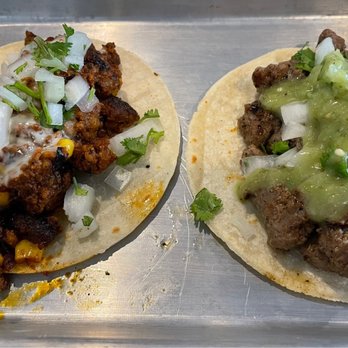 McDevitt Taco Supply - House Made Chorizo Taco - left & Garlic & Black Pepper Steak Taco - right - Tacos Near Me - Denver, Colorado