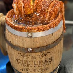 Culturas Hidalgo & Oaxaca Restaurant - Michelada with shrimp cocktail - chefs kiss