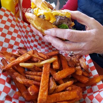Phyllis' Giant Burgers - Junior burger with sweet potato fries - Burgers Near Me - San Rafael, California Phyllis' Giant Burgers - Junior burger with sweet potato fries - Burgers Near Me - San Rafael, California
