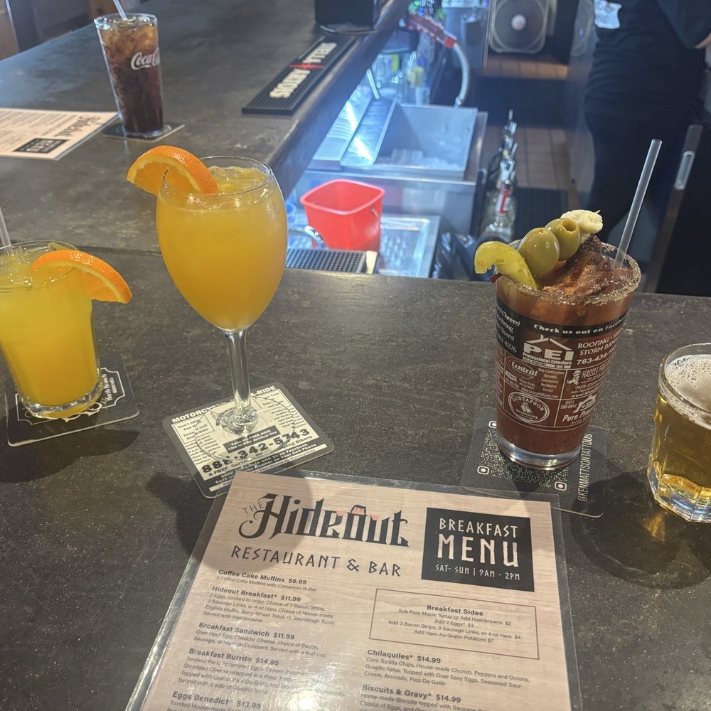 The Hideout - Beverages, screw up, Mamosa, Bloody Mary w/chaser. - Cocktail Bars Near Me - Stacy, Minnesota The Hideout - Beverages, screw up, Mamosa, Bloody Mary w/chaser. - Cocktail Bars Near Me - Stacy, Minnesota