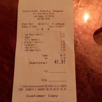Cornish Pasty - Bill for 2 at Cornish Pasty - British Near Me - Las Vegas, Nevada Cornish Pasty - Bill for 2 at Cornish Pasty - British Near Me - Las Vegas, Nevada