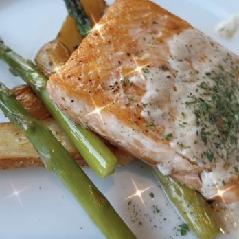 The House Restaurant - Salmon dish with fingerling potato and brussels sprouts - Southern Near Me - Montgomery, Alabama