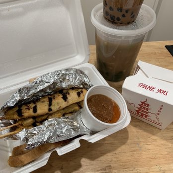 Yai's On Vermont - Chicken Sate & Lard Nah along w Thai ice Coffee to go 3.09.23 - Thai Near Me - Los Angeles, California