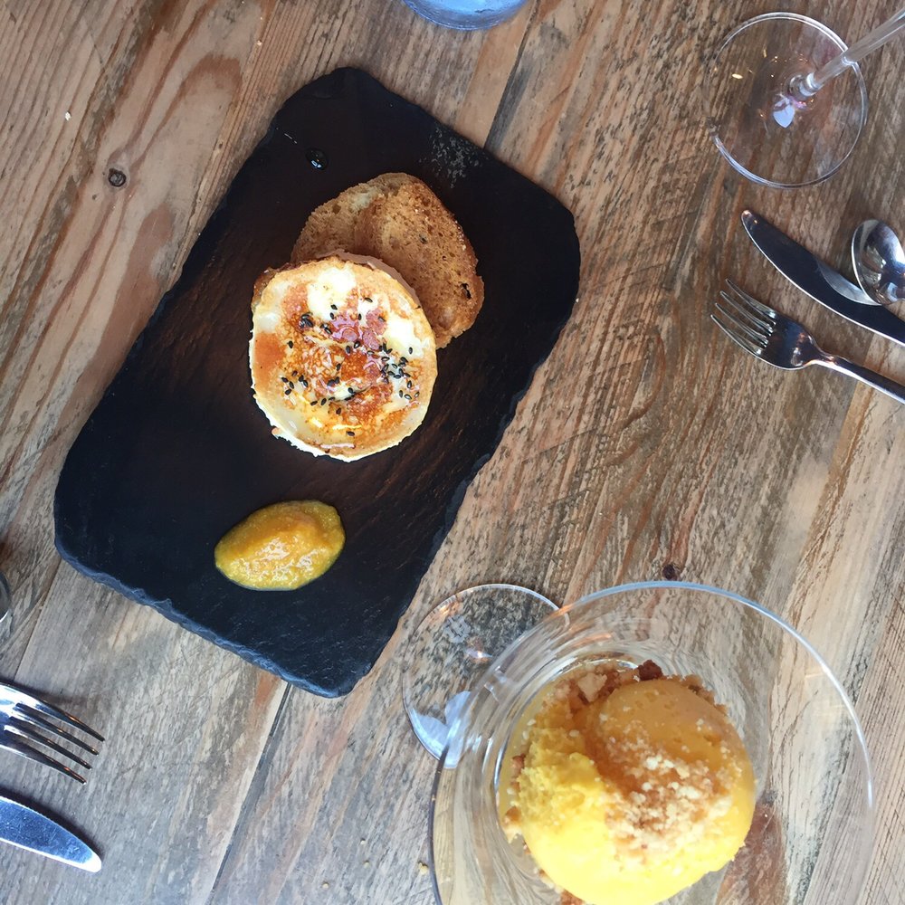 Tirso - Grilled cheese with orange marmalade and an amazing mango sorbet - Modern European Near Me - Palma, PM Tirso - Grilled cheese with orange marmalade and an amazing mango sorbet - Modern European Near Me - Palma, PM