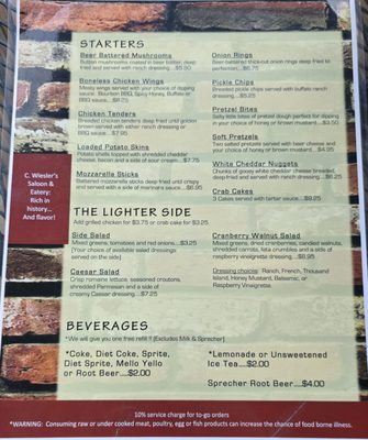 Menu photo 2 C Wieslers Saloon Cedarburg, WI