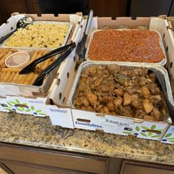 Lumpia, macaroni salad, chicken adobo, spaghetti