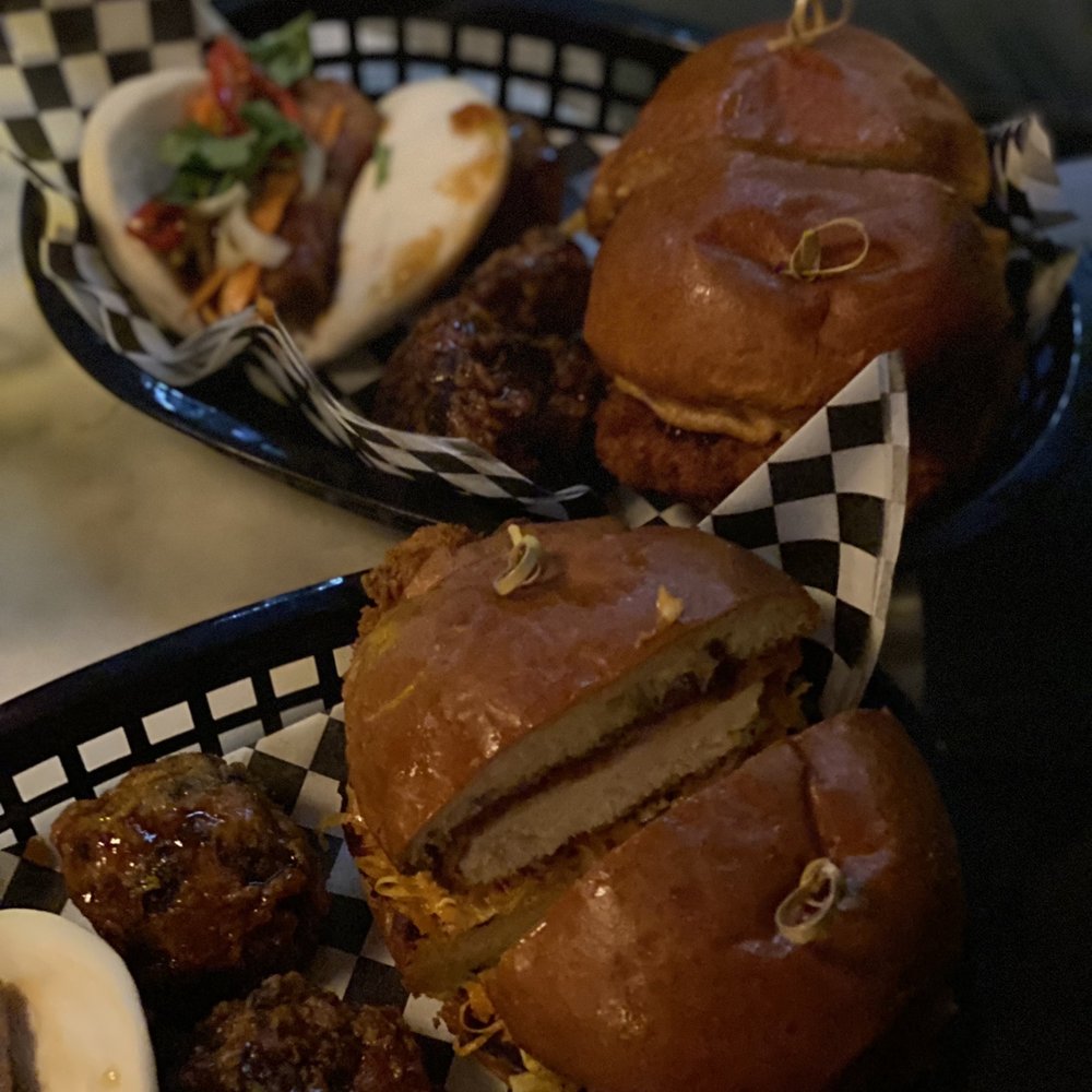 Rocks & Drams - Trio platter - pork bun, cauliflower bites, chicken katsu sandwich - Cocktail Bars Near Me - Ventura, California Rocks & Drams - Trio platter - pork bun, cauliflower bites, chicken katsu sandwich - Cocktail Bars Near Me - Ventura, California