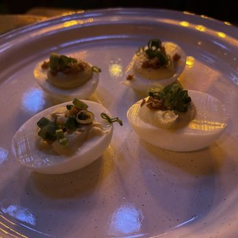 Cozy Pine - Deviled Eggs with Crispy Chicken Skin aka Chicharon and Scallions - Speakeasies Near Me - Irvine, California Cozy Pine - Deviled Eggs with Crispy Chicken Skin aka Chicharon and Scallions - Speakeasies Near Me - Irvine, California