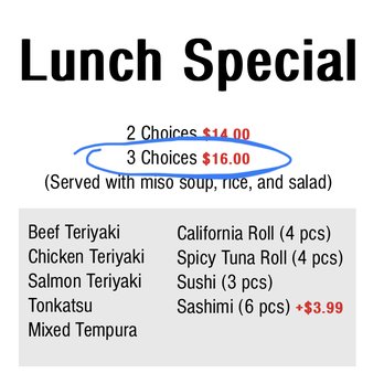 Sams Sushi - Price on their menu. $16 for the lunch special. - Sushi Bars Near Me - La Quinta, California
