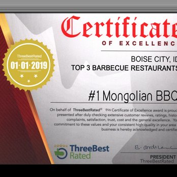 1 Mongolian BBQ - Certificate TOP 3 BBQ - Barbeque Near Me - Boise, Idaho