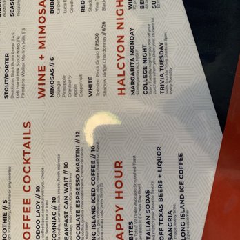 Halcyon - Portion of menu with coffee infused drinks. - Coffee & Tea Near Me - San Antonio, Texas Halcyon - Portion of menu with coffee infused drinks. - Coffee & Tea Near Me - San Antonio, Texas