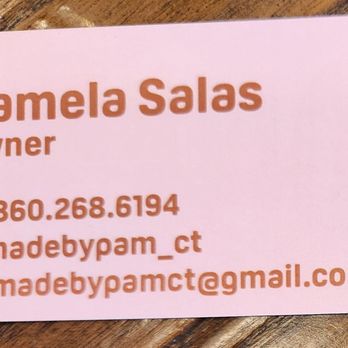Made By Pam - A pink business card displays Pamela Salas's name, title, phone number, Instagram handle, and email address. - Bakeries Near Me - Simsbury, Connecticut