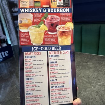 Bubba's 33 - The menu includes sections for whiskey and bourbon cocktails, such as Classic Old Fashioned, Whiskey Bound, Pineapple Smash, and Blackberry Smash, with images of drinks and ingredients. It also lists a variety of beer options, including draft picks like Bud Light and Miller Lite, and bottled beers from domestic and import categories, such as Corona Extra, Heineken, Guinness, and craft beers. The menu emphasizes responsible drinking and provides detailed alcohol content information. - Pizza Near Me - Evansville, Indiana