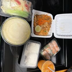 Thai Food Express - Chicken Pad Thai, yellow shrimp curry, papaya salad, summer roll and Iced Thai Tea.