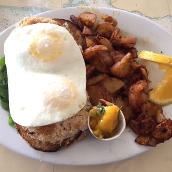 Hudson Point Cafe - Crab cakes w/ potatoes, eggs, spinach, and mango salsa. - New American Near Me - Port Townsend, Washington Hudson Point Cafe - Crab cakes w/ potatoes, eggs, spinach, and mango salsa. - New American Near Me - Port Townsend, Washington