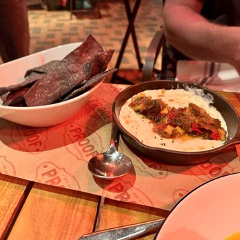 Proof - Queso Fundido (oaxaca cheese, pepperjack, cotija cheese, apple jalapeno jam, blue corn tortilla chips) - American Near Me - Scottsdale, Arizona