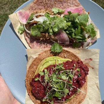 Nixta Taqueria - Duck carnitas and beet "tartare" tacos. - Mexican Near Me - Austin, Texas