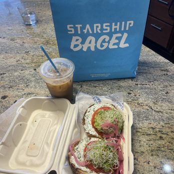 Starship Bagel - Hazelnut ice coffee & millennial on onion bagel and fermented jalapeño schmear - Bagels Near Me - Dallas, Texas Starship Bagel - Hazelnut ice coffee & millennial on onion bagel and fermented jalapeño schmear - Bagels Near Me - Dallas, Texas