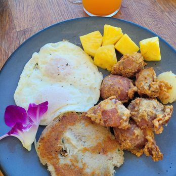 Aloha Mixed Plate - Aloha breakfast, two eggs over easy, pineapple, potatoes, Kahlua pig hash patties! - Hawaiian Near Me - Lahaina, Hawaii Aloha Mixed Plate - Aloha breakfast, two eggs over easy, pineapple, potatoes, Kahlua pig hash patties! - Hawaiian Near Me - Lahaina, Hawaii