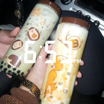 Tea Brick - Green milk tea (left) caramel snow (right) both with boba - Tea Rooms Near Me - Monterey Park, California Tea Brick - Green milk tea (left) caramel snow (right) both with boba - Tea Rooms Near Me - Monterey Park, California