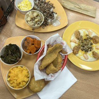 Gritz Cafe - Holy trinity: 2 Catfish 1 wing , Mac-n-Cheese, Collard Greens, Yams, Biscuits & Gravy, shrimp n grits half fried and half grilled - Soul Food Near Me - Las Vegas, Nevada
