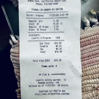 Jersey Mike's Subs - This is a receipt of our order - Sandwiches Near Me - Buena Park, California