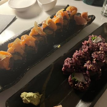 Friends Sushi Izakaya - Left: Spicy Salmon Right: Hamachi (yellowtail) - Sushi Bars Near Me - Chicago, Illinois Friends Sushi Izakaya - Left: Spicy Salmon Right: Hamachi (yellowtail) - Sushi Bars Near Me - Chicago, Illinois