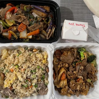 Royal Siam - Top- beef Spicy Eggplant  Bottom-  Thai Fried Rice and beef Pad See Ew - Thai Near Me - Stockton, California