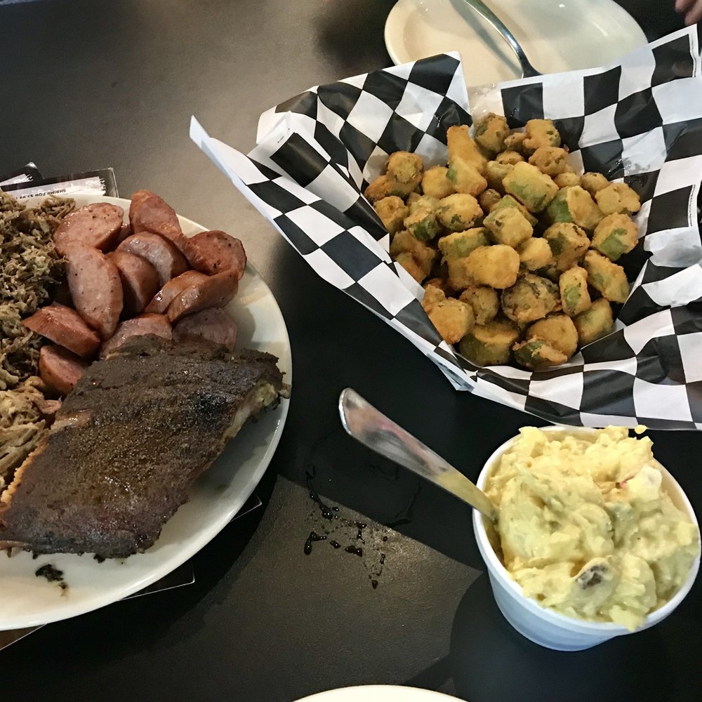 AJ's On Main - BBQ Sampler, Fried Okra, Potato Salad, Cole Slaw - Barbeque Near Me - Grapevine, Texas AJ's On Main - BBQ Sampler, Fried Okra, Potato Salad, Cole Slaw - Barbeque Near Me - Grapevine, Texas