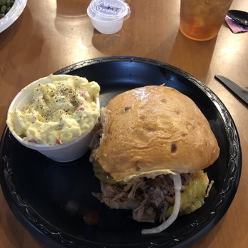 Paw Paw’s Firehouse Cafe - Pulled Pork Sandwich on a jalapeño cheese hoagie with mustard potato salad - Barbeque Near Me - Round Top, Texas