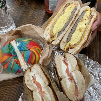 Liberty Bagels - Bagel with nova, sausage, hash brown, egg and cheese and then a rainbow bagel with plain cream cheese - Bagels Near Me - Elmhurst, New York