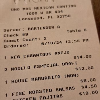 Uno Mas Mexican Cantina - Bill kudos to Micha for great service - Mexican Near Me - Longwood, Florida