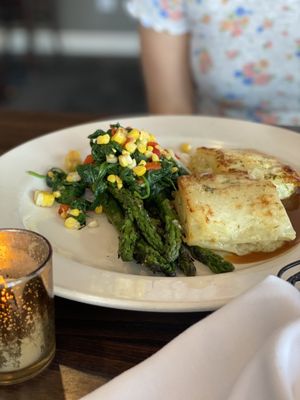 Photo of Fifth Season Restaurant - Port Jefferson, NY, US. Seasonal Vegetarian: potatoes, asparagus, corn, spinach, peppers