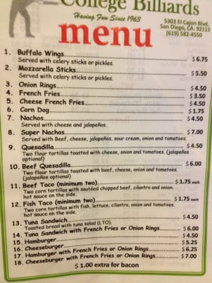 Menu photo 7 College Billiards San Diego, CA Menu photo 7 College Billiards San Diego, CA
