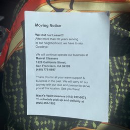 Moving notice! New service location  1528 California St. S.F. CA 94109 415-775-0897 925-395-1992