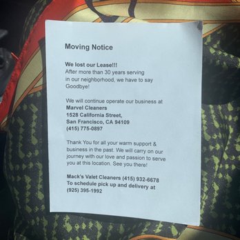 Mack's Dry Cleaners - Moving notice! New service location  1528 California St. S.F. CA 94109 415-775-0897 925-395-1992 - Dry Cleaning Near Me - San Francisco, California