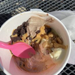 Cake batter with wet walnuts, and cookies and cream with peanut butter sauce and brownie bites