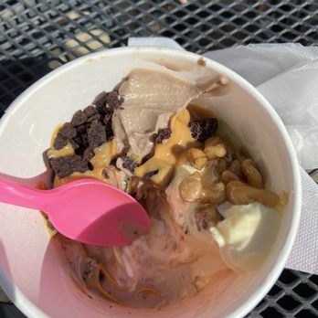 sweetFrog Premium Frozen Yogurt - Cake batter with wet walnuts, and cookies and cream with peanut butter sauce and brownie bites - Ice Cream & Frozen Yogurt Near Me - Cary, North Carolina