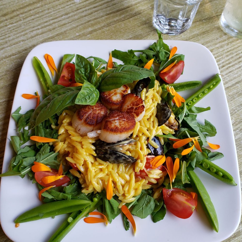 Two Sisters Bakery - Scallops with orzo and garden greens. - Bakeries Near Me - Homer, Alaska Two Sisters Bakery - Scallops with orzo and garden greens. - Bakeries Near Me - Homer, Alaska